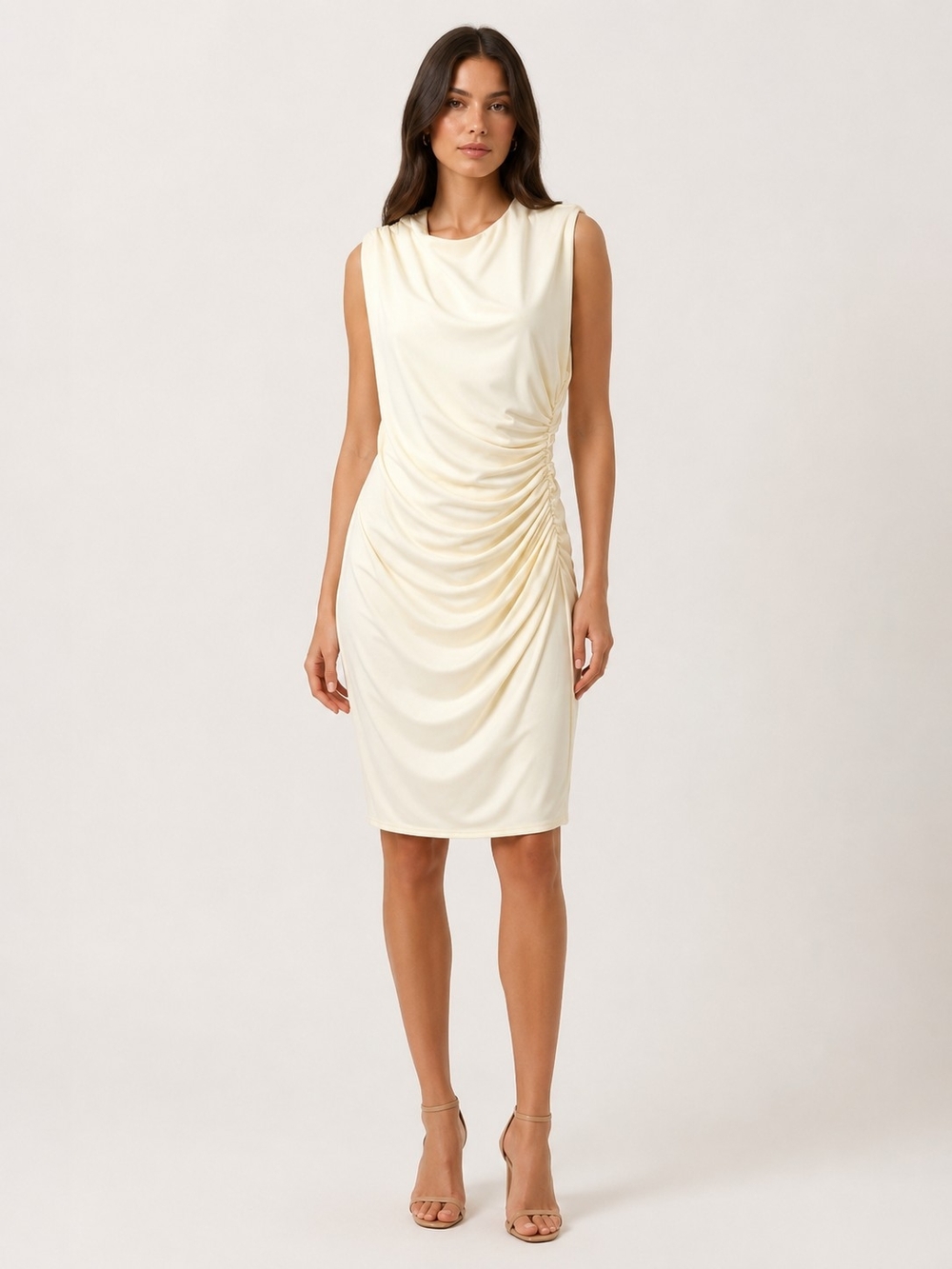 Zara Womens Cream Draped Midi Dress with Side Ruching Size XL